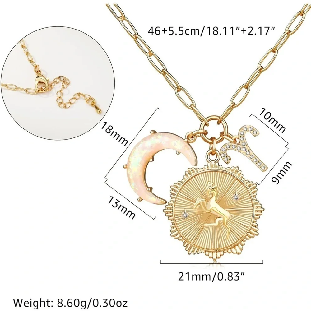 Aries zodiac necklace in gold with opal crescent moon charm adjustable 1…